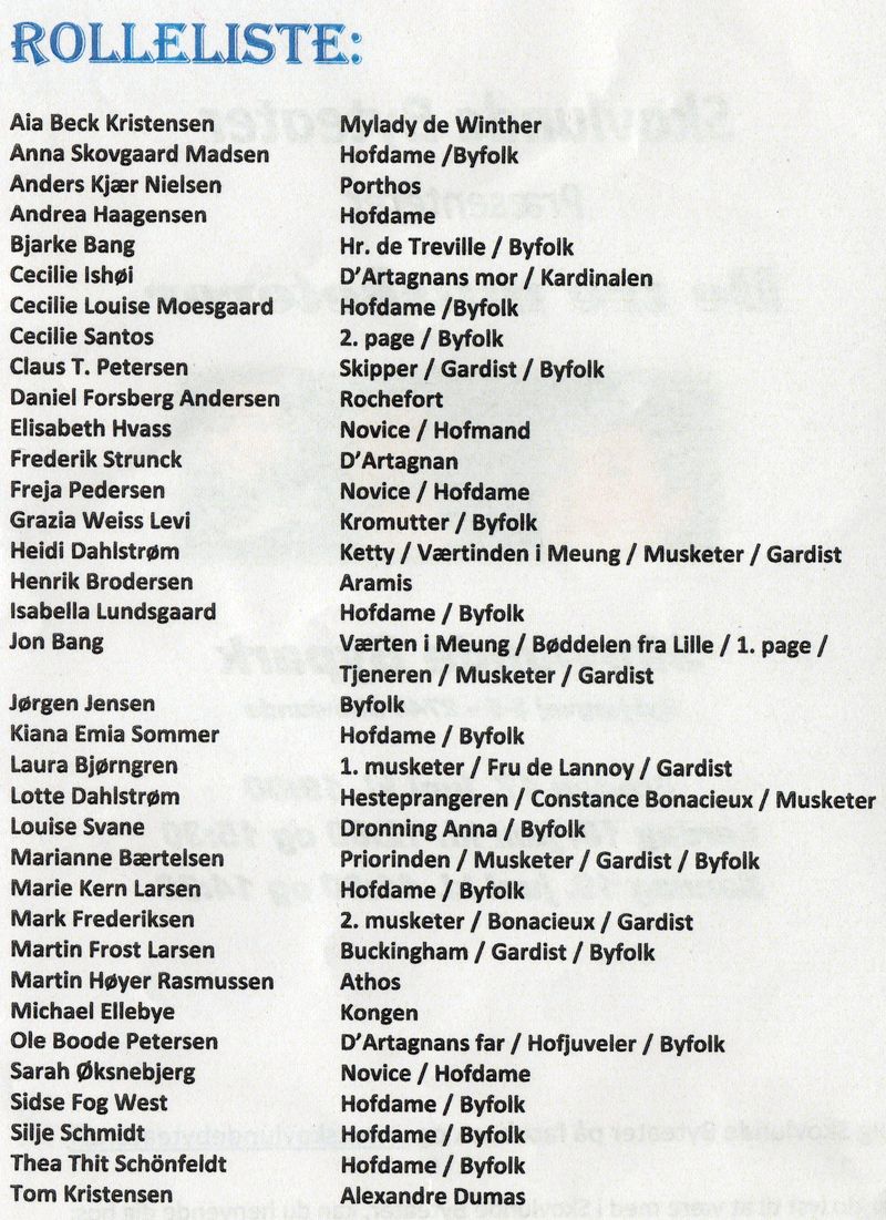 Program side 2 for 'De tre Musketerer', 2016
