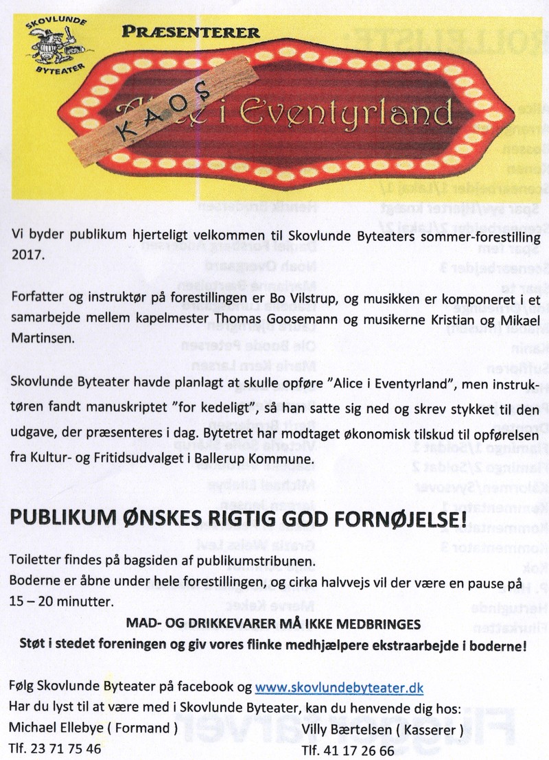 Program side 1 for 'Kaos i Eventyrland', 2017