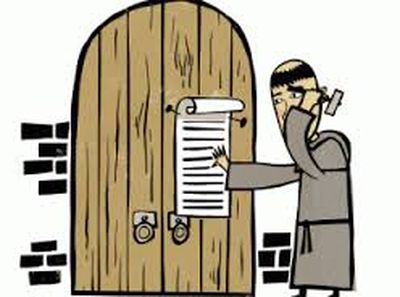 Luther banker teserne op, tegning